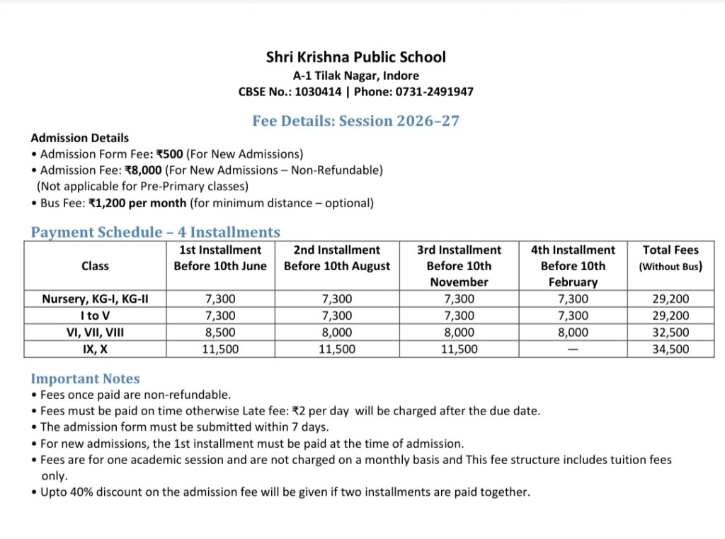 Fees Structure cbse best school indore